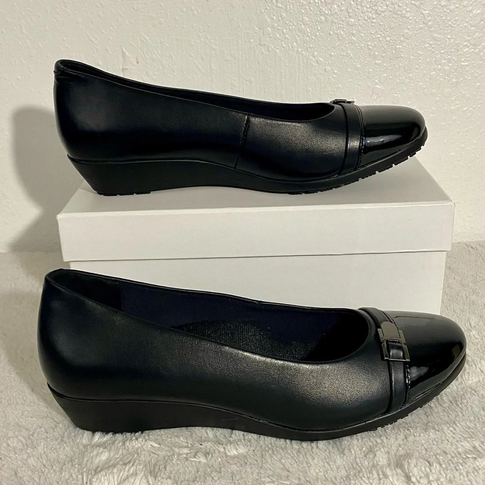 Black Women's Wedge Flats with Accent Hardware SLIP RESISTANT